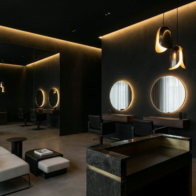 Interior del salón L'Éclat Studio con iluminación cálida y diseño elegante en Madrid
